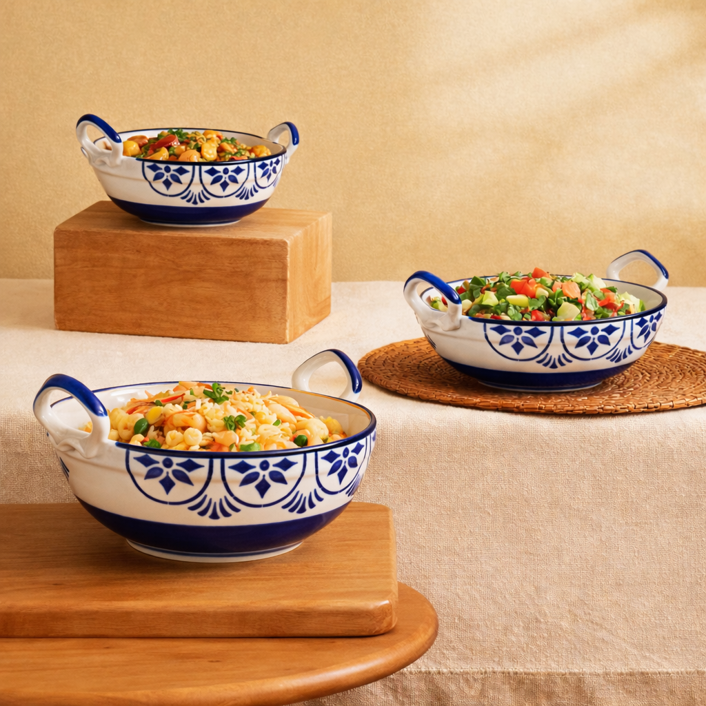 Set of 3 Blue Blossom Handcrafted Serving Bowl